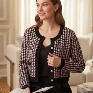 Majorelle Womens Cardigan Sweater Small Pink‎ Houndstooth Cropped